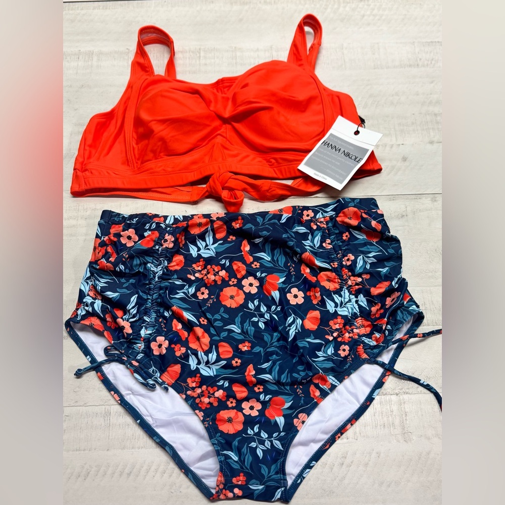 Hanna Nikole Plus Size Swimsuit Set Twist Front Bikini Drawstring Ruched Bottom - Picture 4 of 14